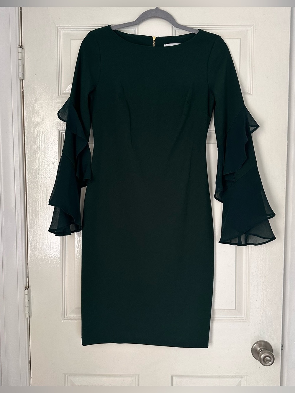 Calvin Klein Green Ruffle Bell Sleeve Sheath Cocktail Dress Size 4